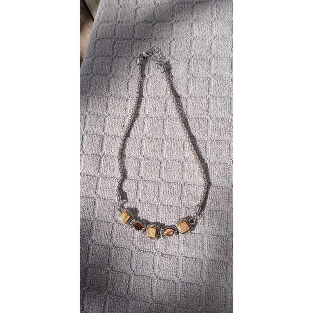 Necklace Silver tone Tan Brown Mixed Geometric Stone Stations 18"